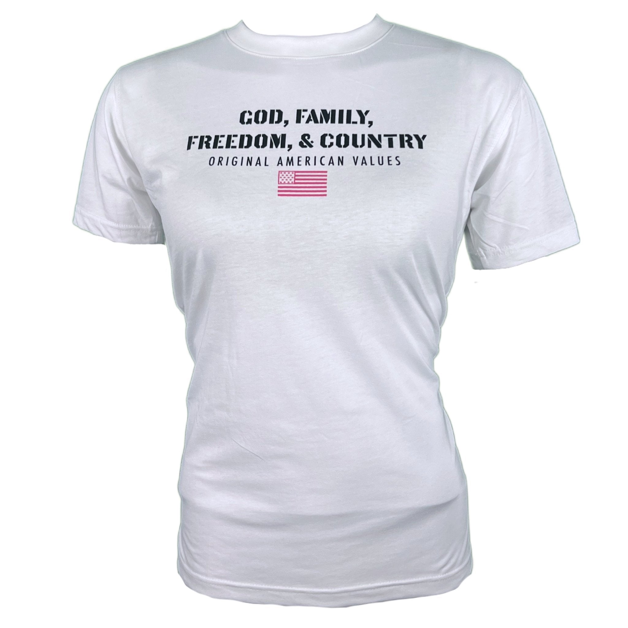 WOMEN’S GOD FAMILY FREEDOM & COUNTRY White T-Shirt - Patriotic Tee for Women of Faith - ALPHAunleashed